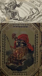 <p>De hoofdvoorstelling van het Marsplafond (onder) en de Marsprent van Maarten van Heemskerck uit 1646 (boven) vertonen veel overeenkomsten in opzet en iconografie. Beiden zijn beïnvloed door het boek <em>Iconologia of Uijtbeeldinghen des verstants</em>van Dirck Pietersz Pers uit 1644.</p>
